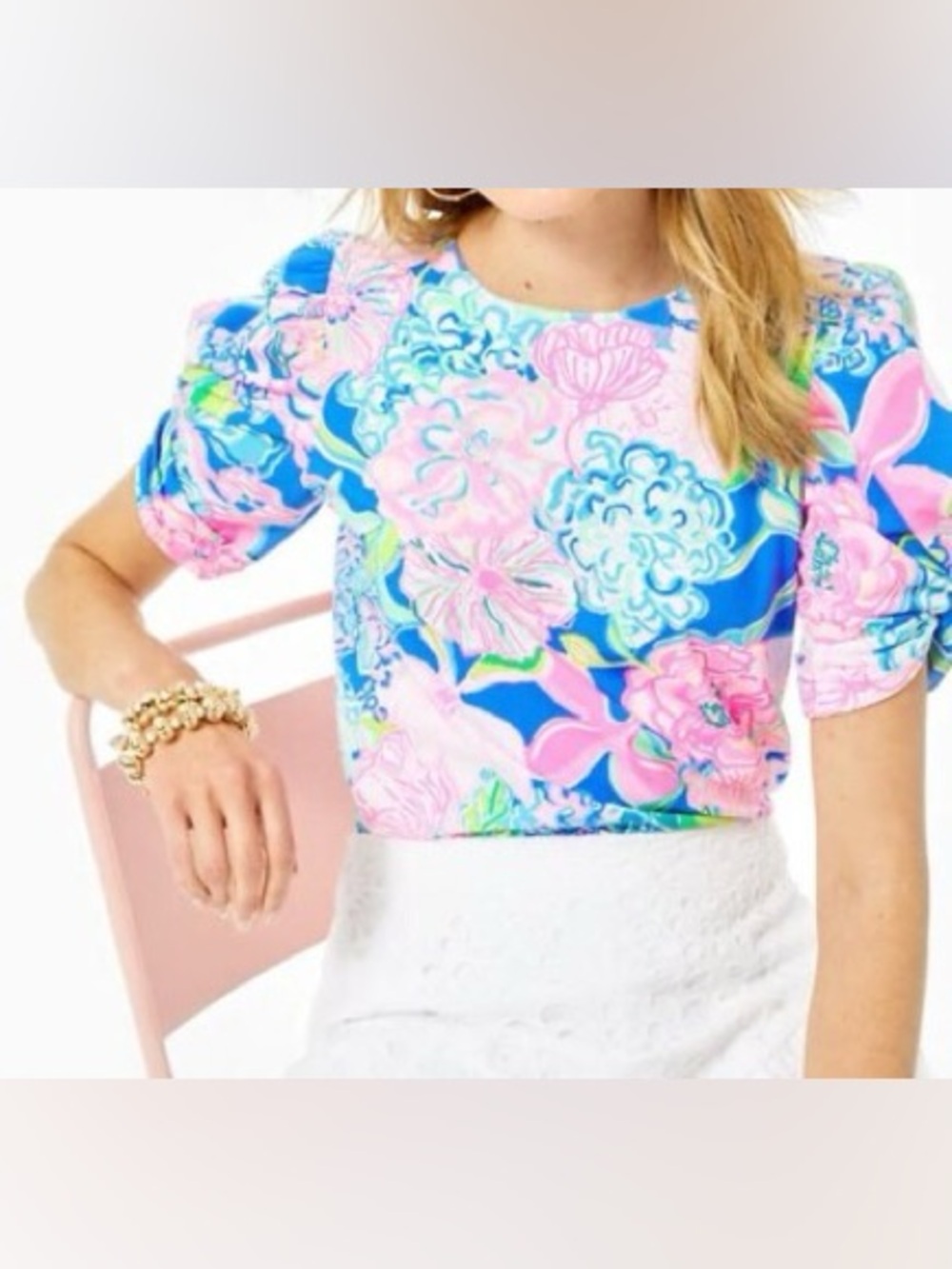 Lilly Pulitzer Blue, Pink and Green Floral Puff-Sleeve Short Sleeve